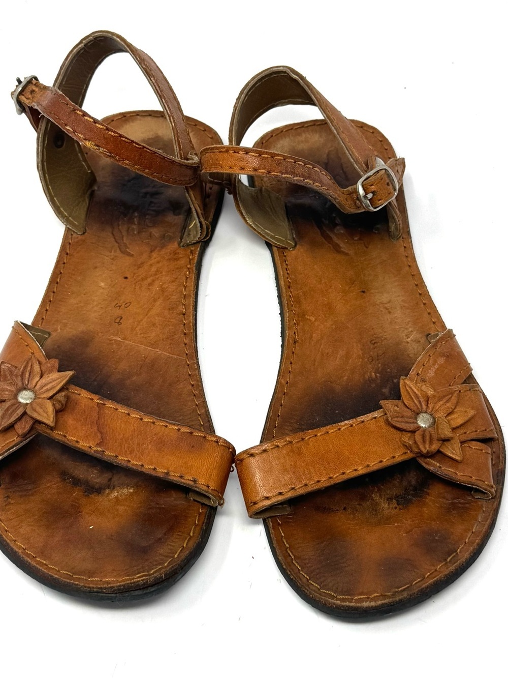 Cuba Handmade Brown Leather Ankle Strap Sandals Flower Accent Size 8